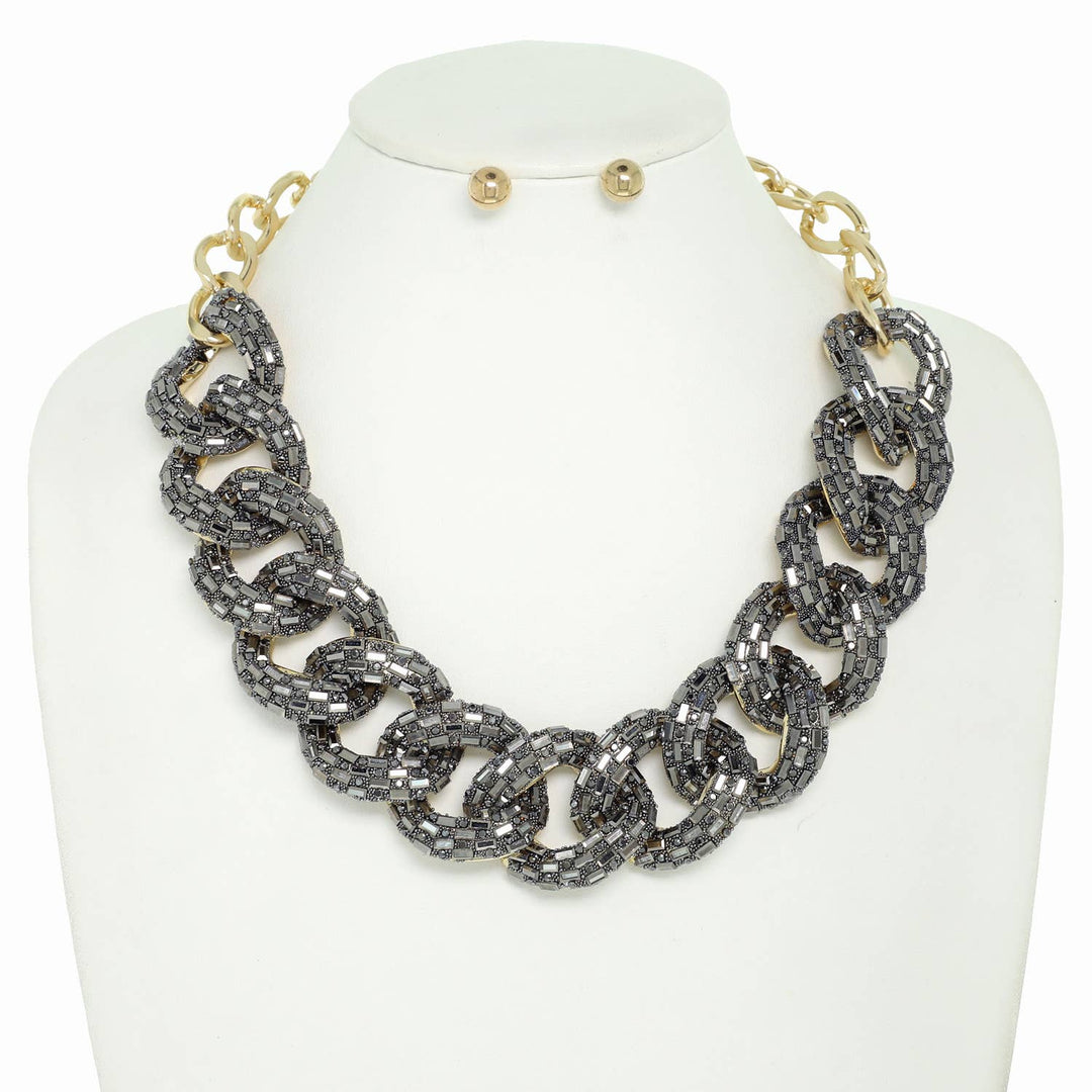 Hip Hop Rhinestone Cuban Link Bib Necklace Set