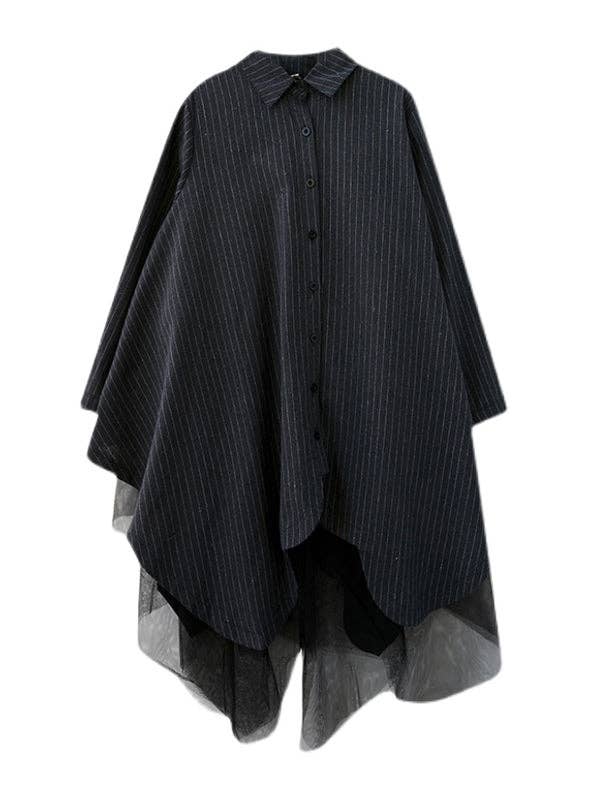 Pin Striped Button Down Tunic Shirt with Tulle