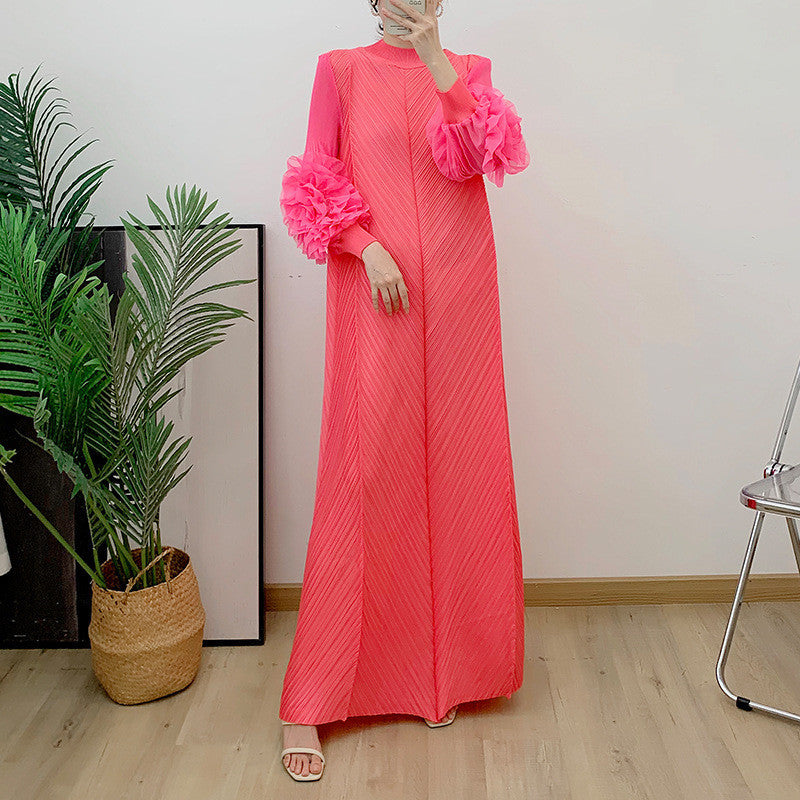 Flower Sleeve Pleated Maxi Dress