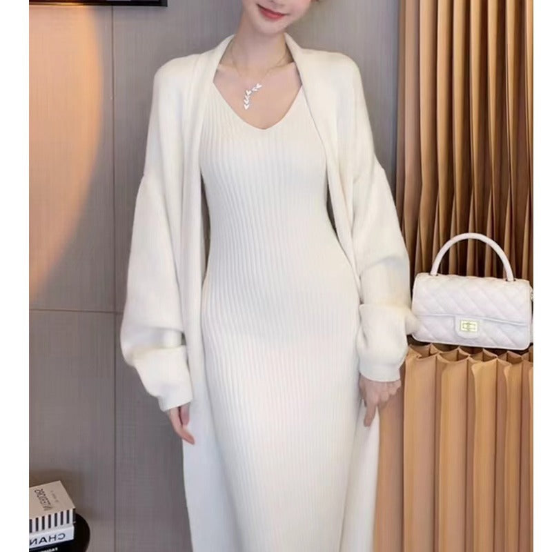 Loose Mid-length Knitted Cardigan Suspender Dress Sweater