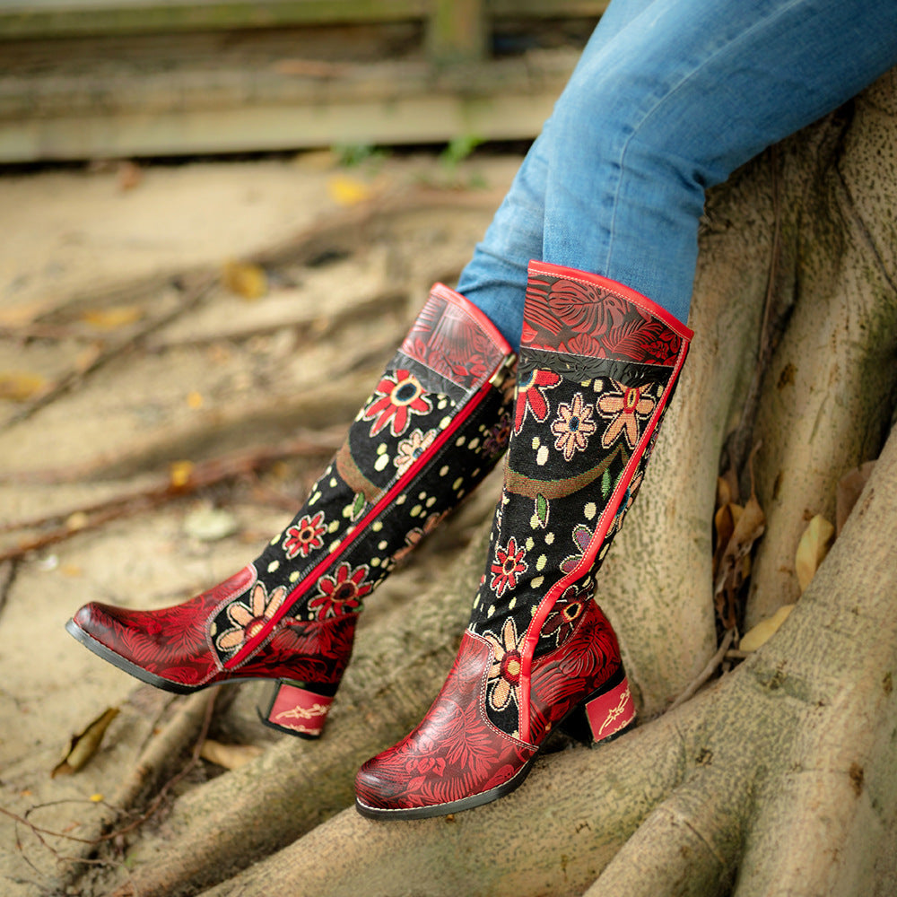 Floral Ethnic Knee High Boots