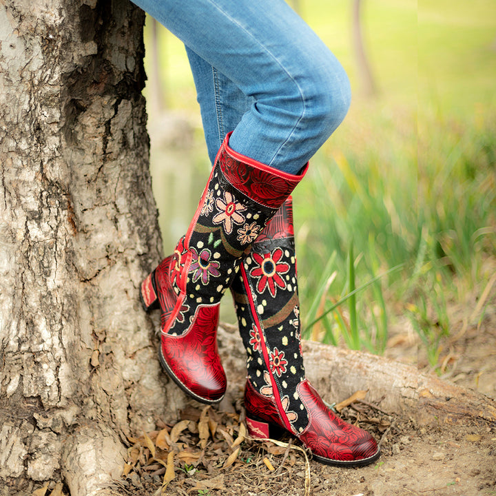 Floral Ethnic Knee High Boots