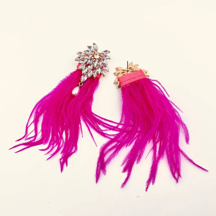 Fuchsia Feather Rhinestone Stud Earrings