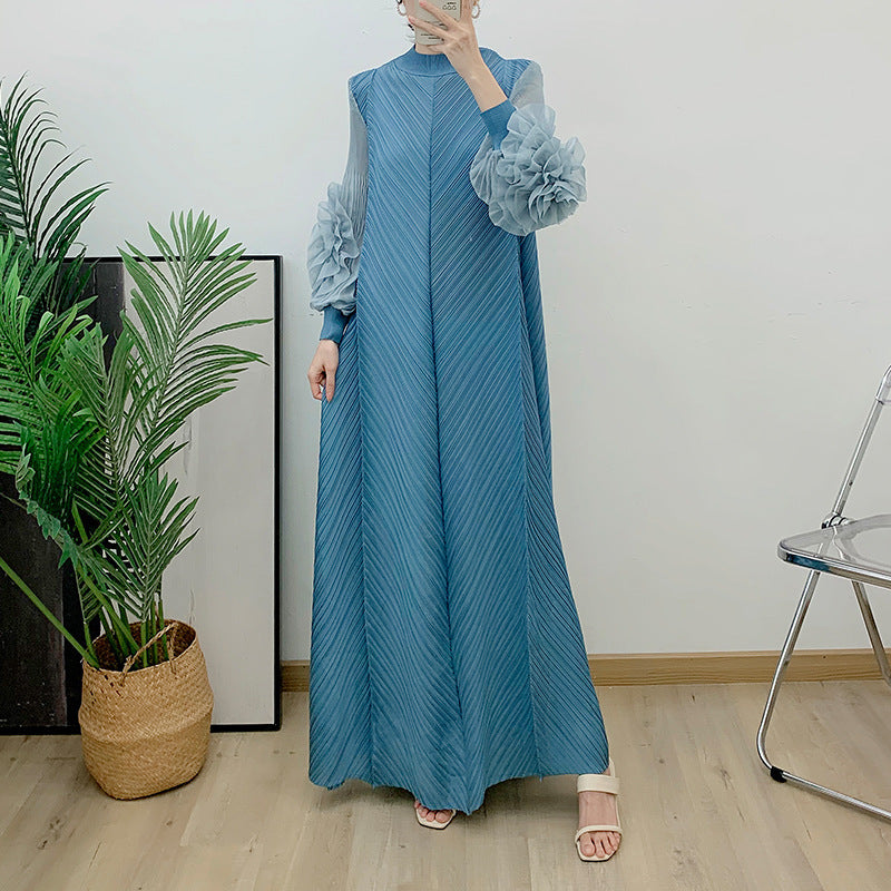 Flower Sleeve Pleated Maxi Dress