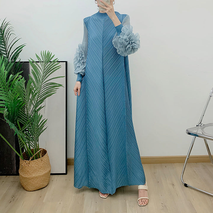 Flower Sleeve Pleated Maxi Dress