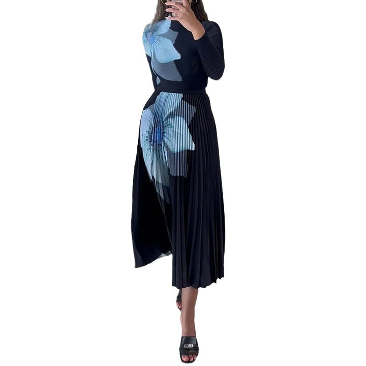 Women's Fashion Printing Elegant Pleated Fitted Waist Pleated Dress