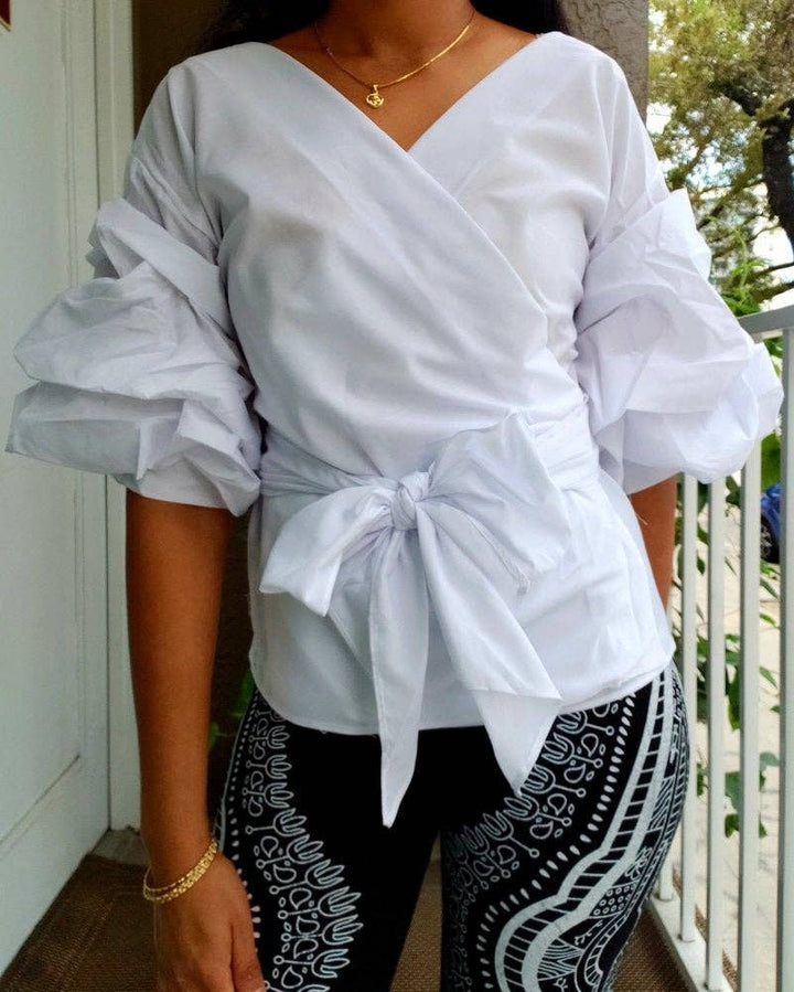 #18-804 RUFFLED SLEEVE WRAP BLOUSE