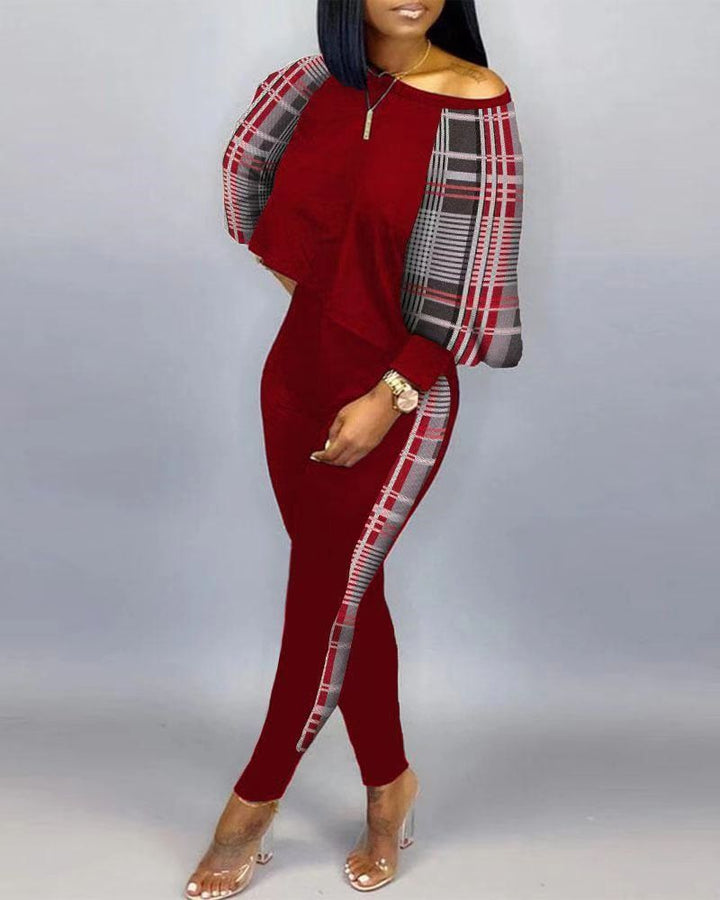 Women's Long-sleeved Crew Neck Off-shoulder Casual Suit