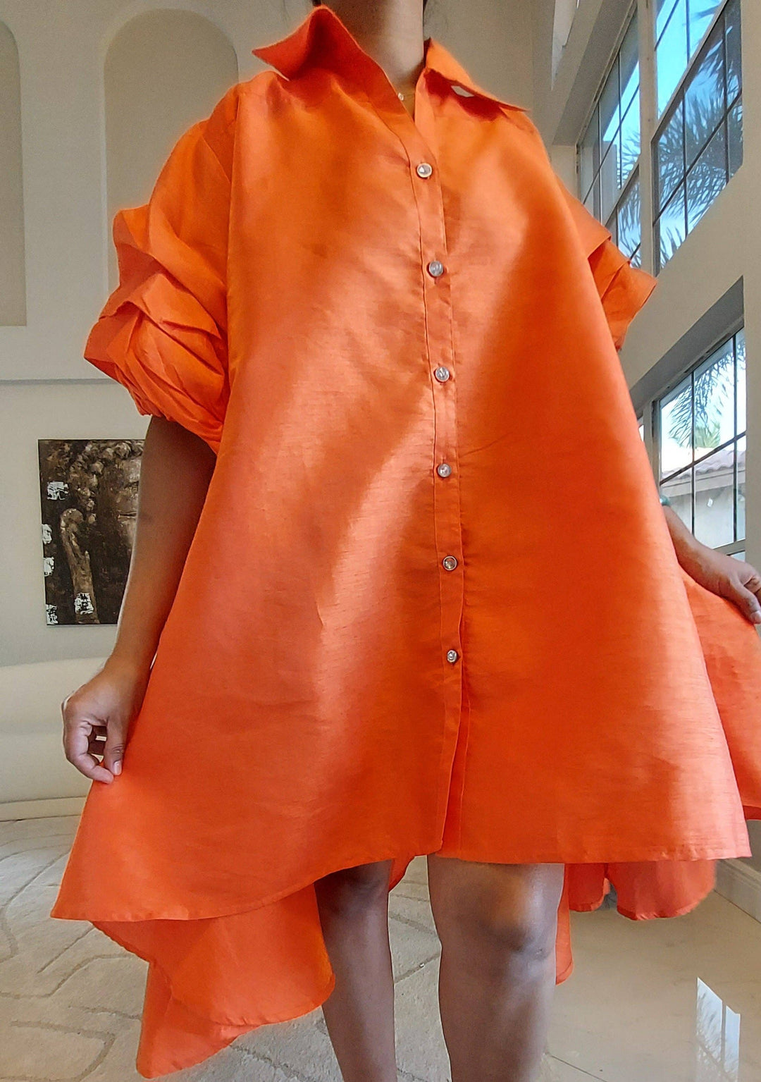 Swing Dress/ Faux Silk/ Ruffle Sleeve - Orange