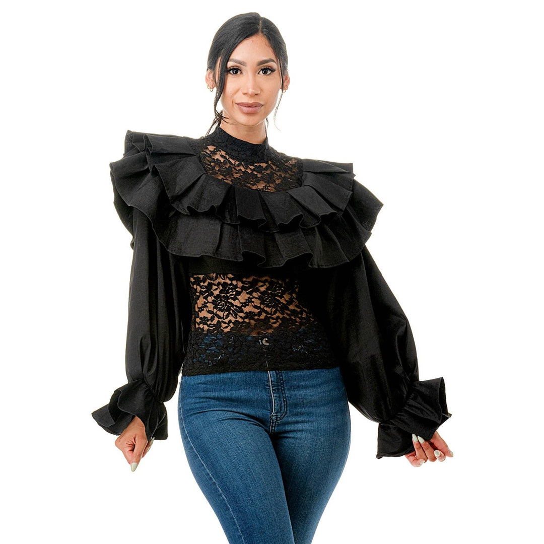 Mock Neck Lace Ruffle Detail Long Sleeve Blouse