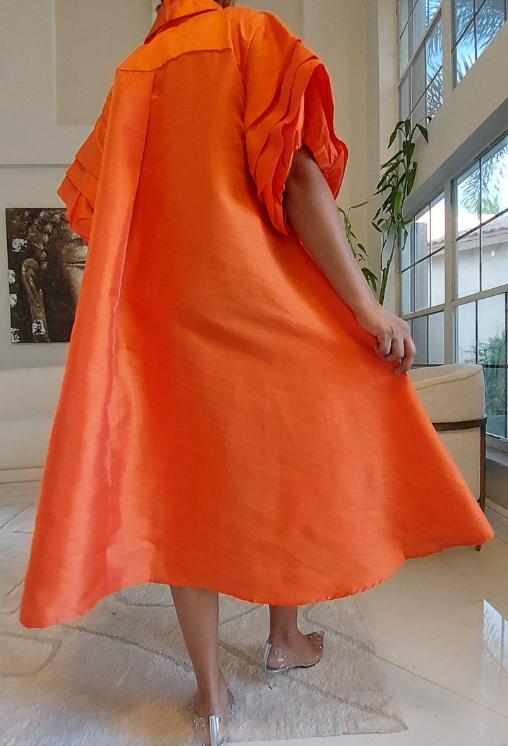 Swing Dress/ Faux Silk/ Ruffle Sleeve - Orange