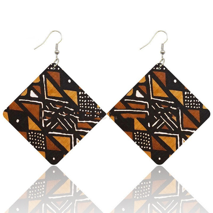 Diamond Shaped Wooden Print  Earrings