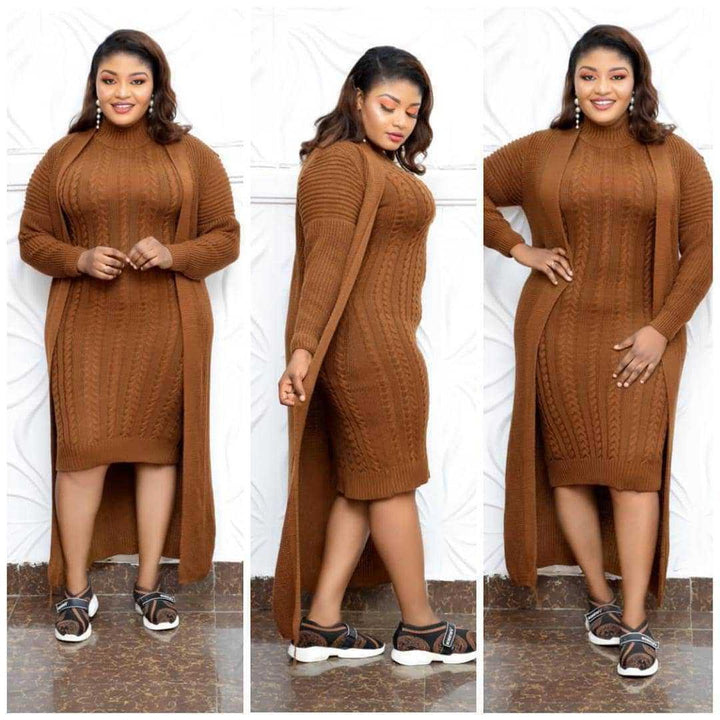 Women Big Size Knitted Dress Long Coat Two Piece Suit