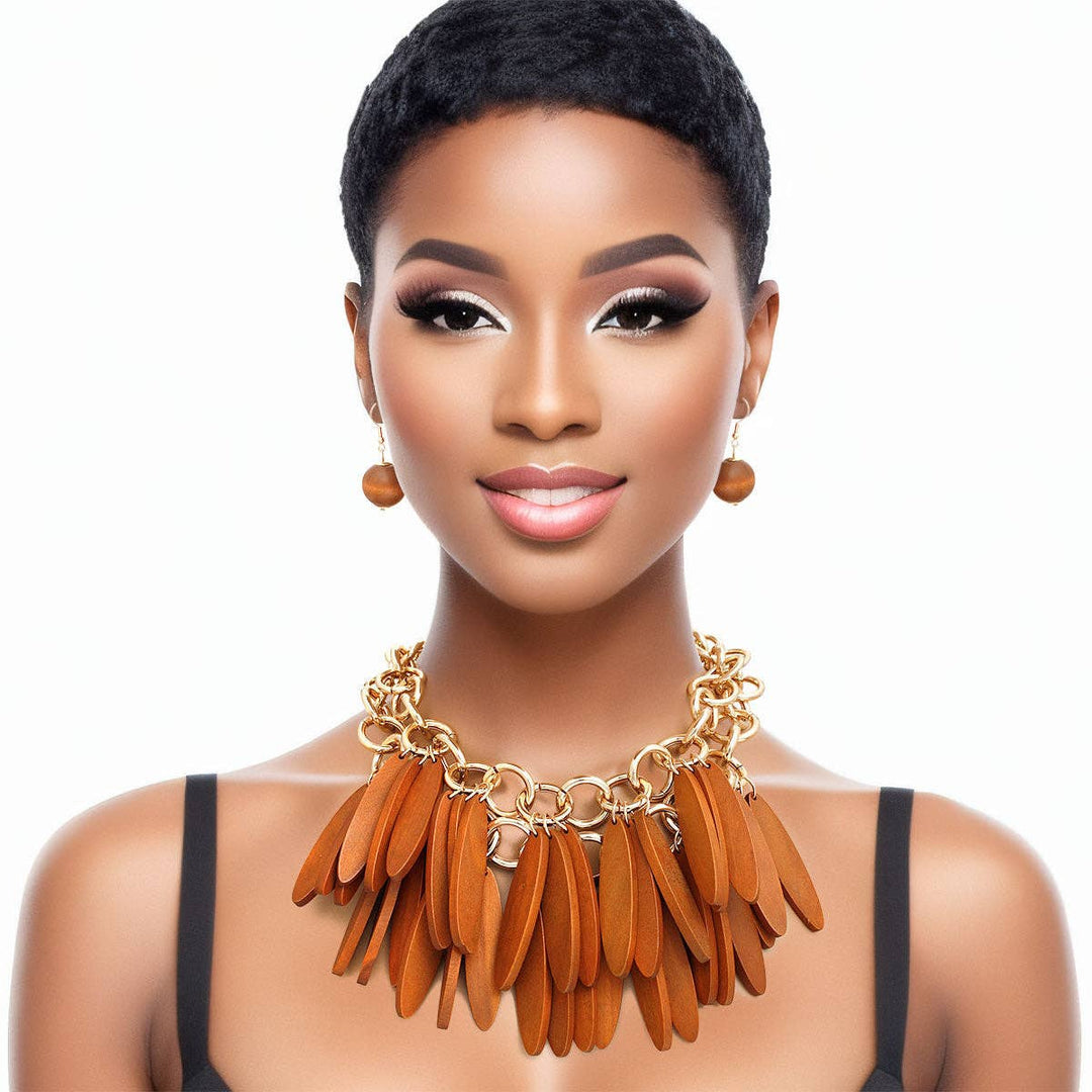 Choker Tribal Brown Wood Fringe Layered Set Women