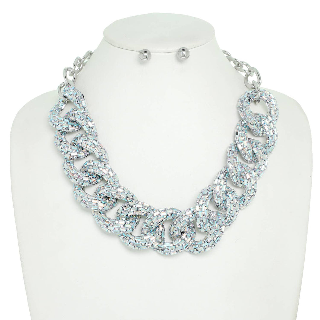 Hip Hop Rhinestone Cuban Link Bib Necklace Set