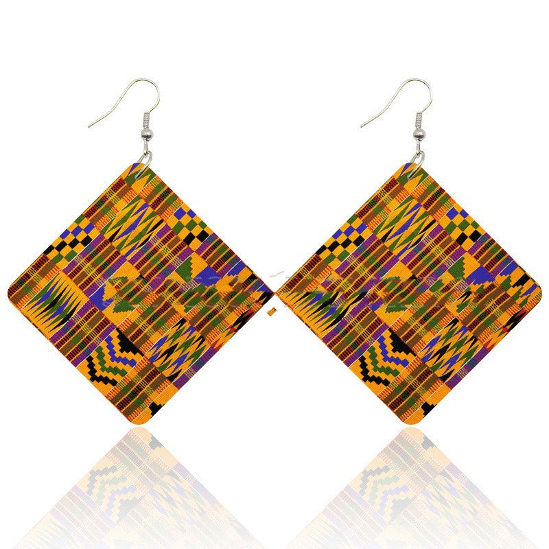 Diamond Shaped Wooden Print  Earrings