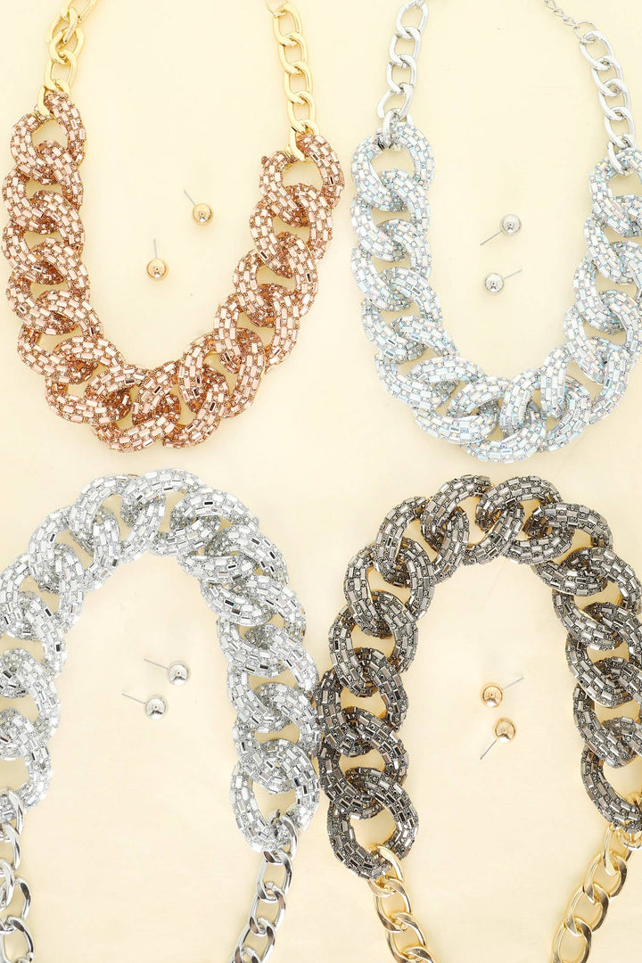 Hip Hop Rhinestone Cuban Link Bib Necklace Set