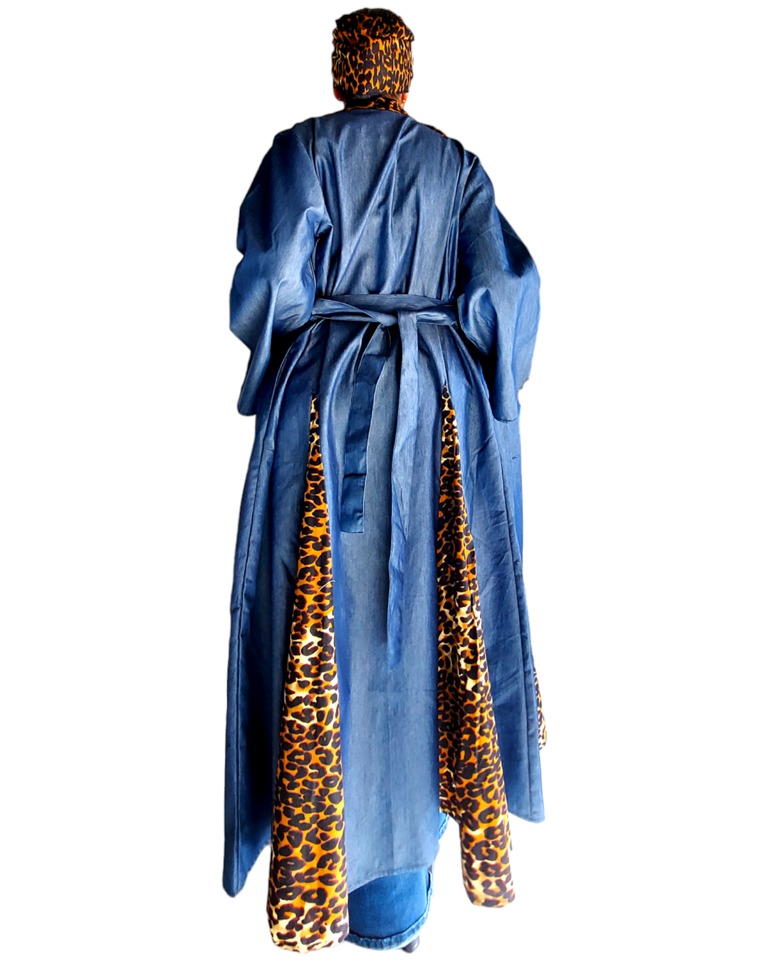 7752 - Denim Kimono Dress With Panels/ Animal Print