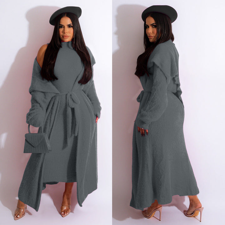 Autumn And Winter Elegant Dress Long Cardigan Velvet Two-piece Suit