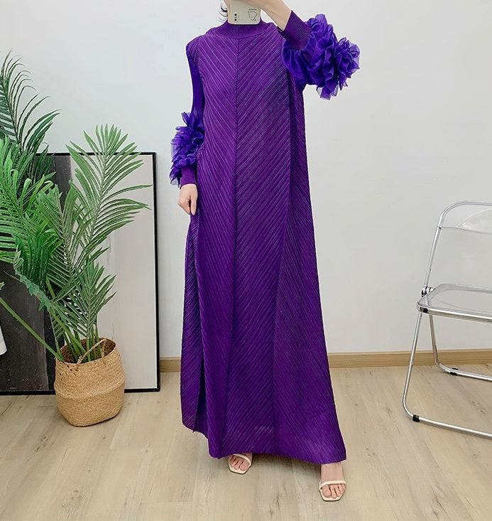 Flower Sleeve Pleated Maxi Dress