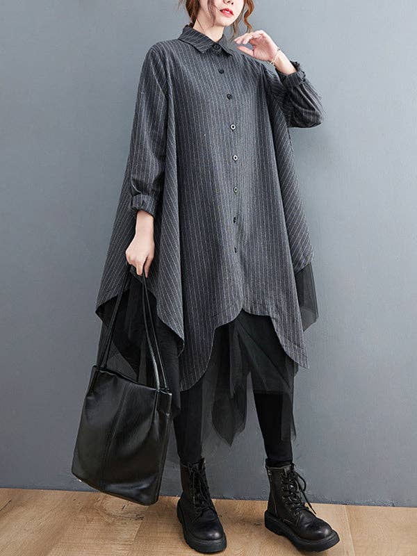 Pin Striped Button Down Tunic Shirt with Tulle