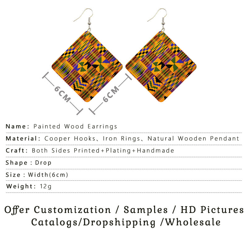 Diamond Shaped Wooden Print  Earrings