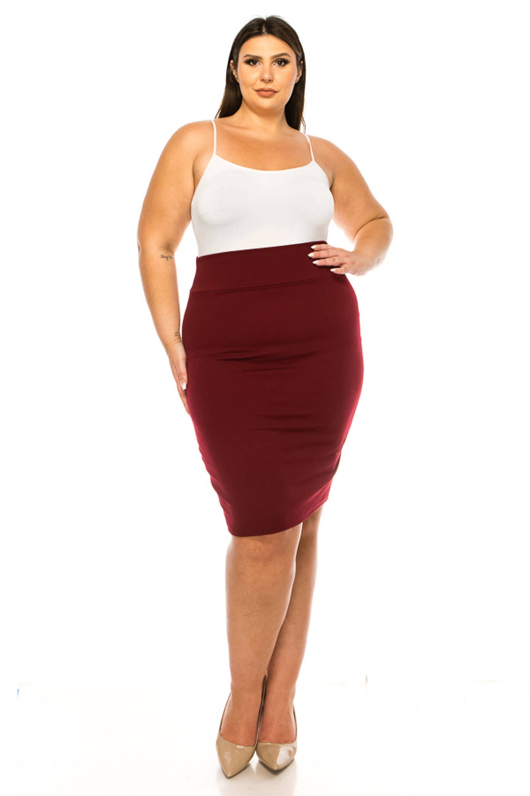 Women's Plus Size Solid Pencil Skirt with Banded Waist