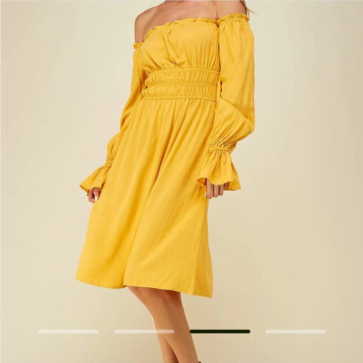 Solid Off Shoulder Smocking Midi Dress