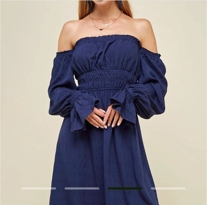 Solid Off Shoulder Smocking Midi Dress