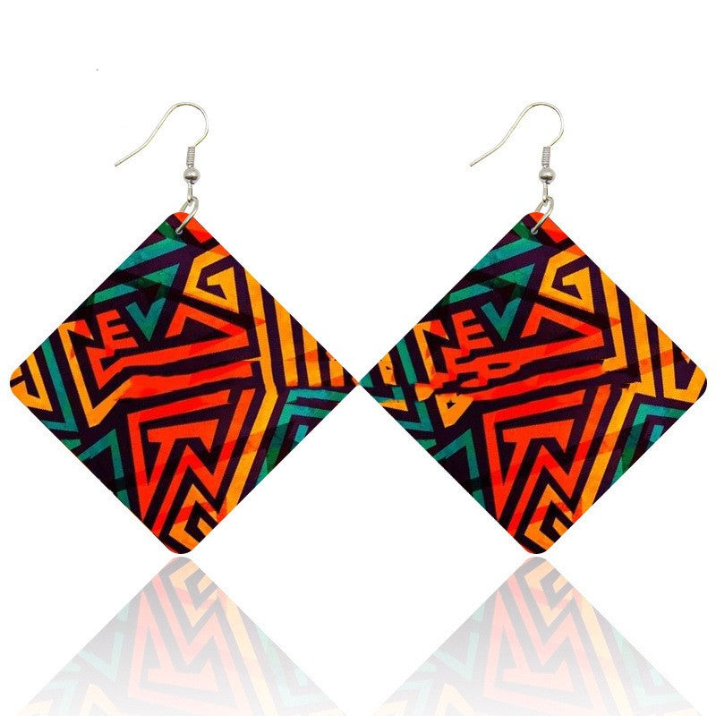 Diamond Shaped Wooden Print  Earrings