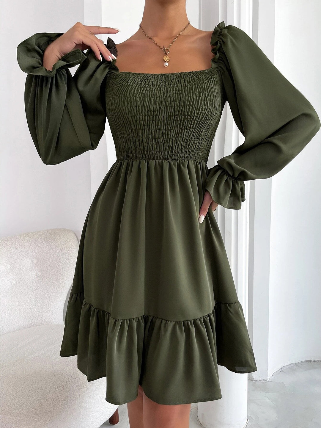 Long Sleeve Ruffled Swing Dress