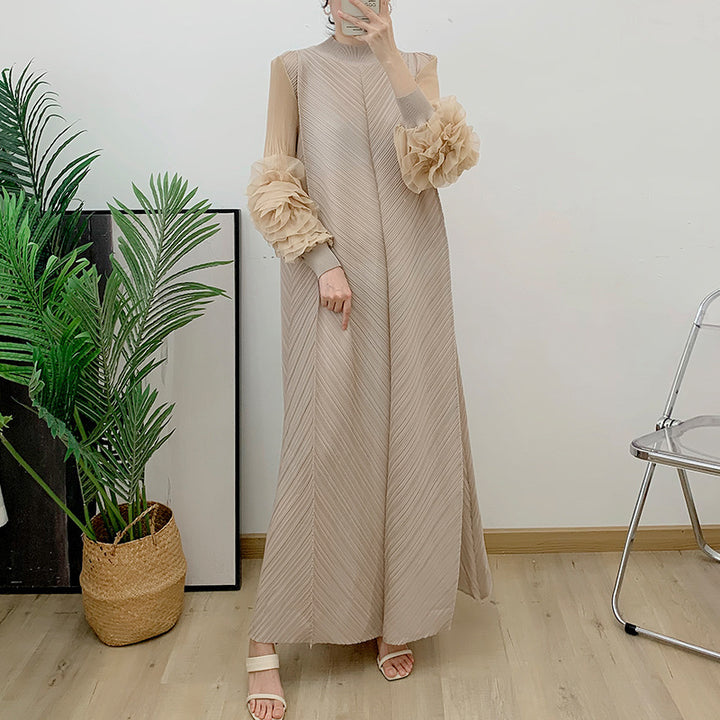 Flower Sleeve Pleated Maxi Dress