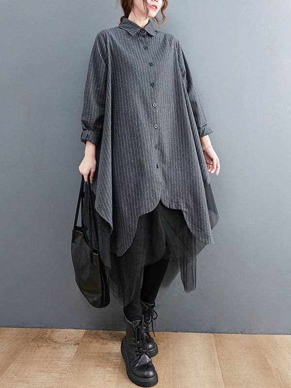 Pin Striped Button Down Tunic Shirt with Tulle