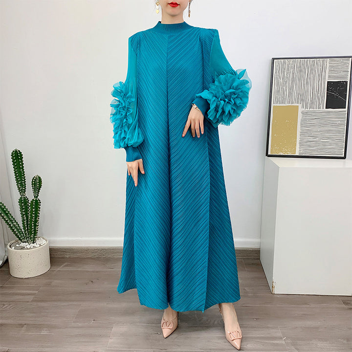 Flower Sleeve Pleated Maxi Dress