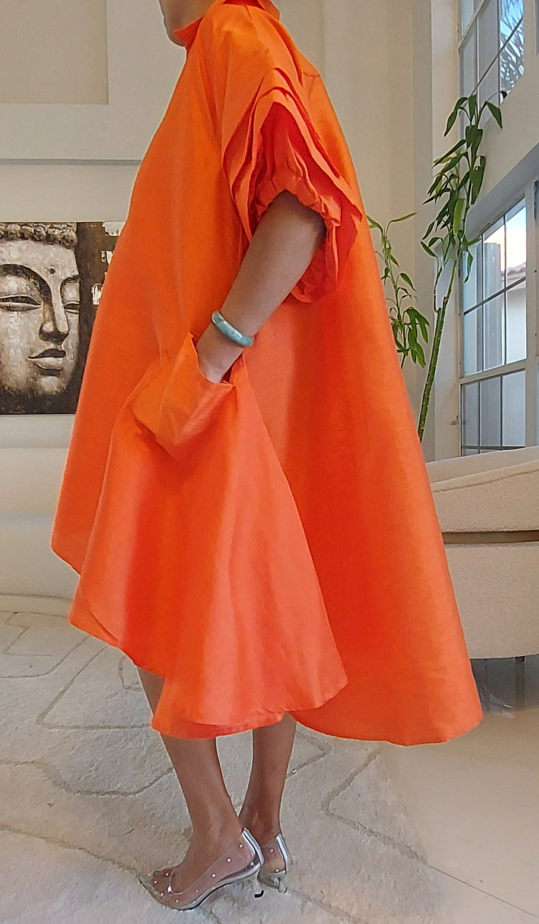 Swing Dress/ Faux Silk/ Ruffle Sleeve - Orange