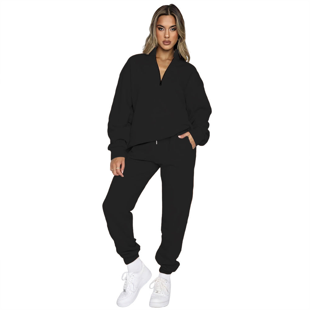 Women's Fashion Zipper Pullover Long Sleeve Sweater Two-piece Set