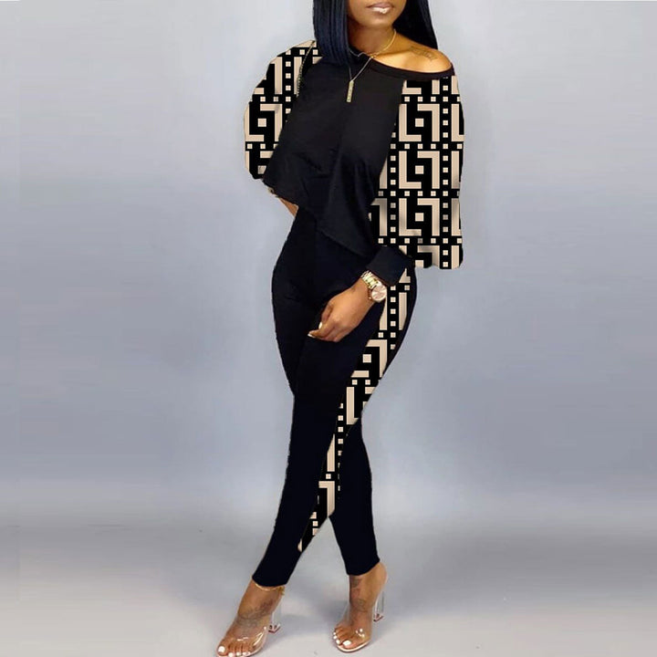 Women's Long-sleeved Crew Neck Off-shoulder Casual Suit