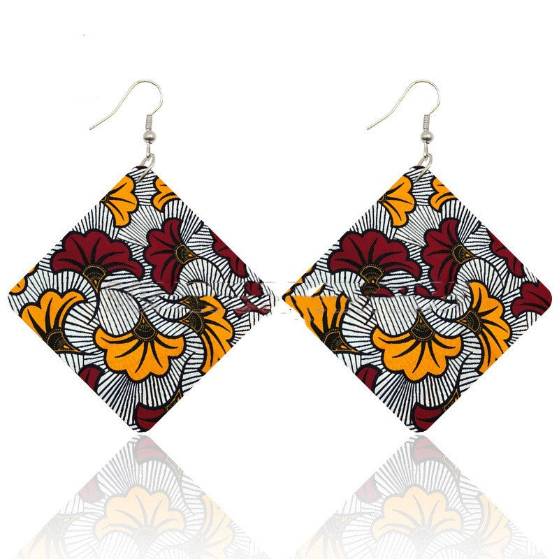 Diamond Shaped Wooden Print  Earrings