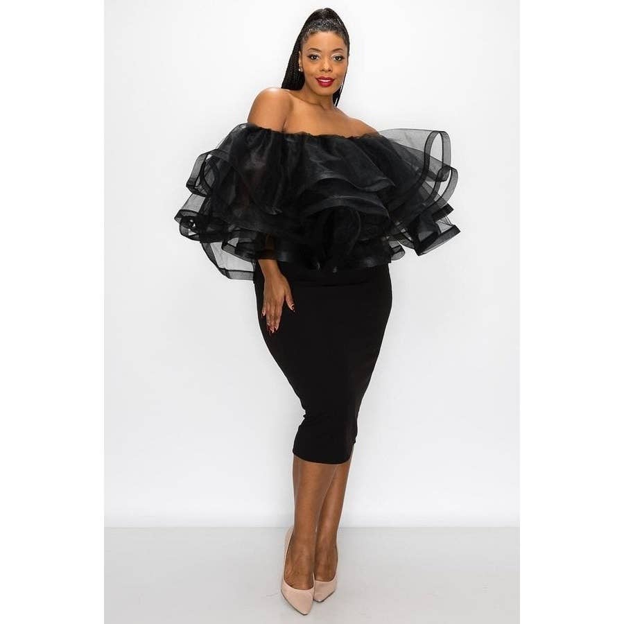 PLUS OFF SHOULDER MIDI DRESS