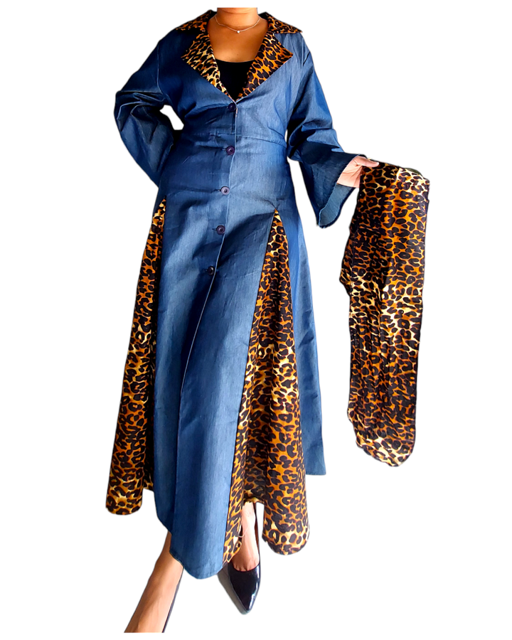 7752 - Denim Kimono Dress With Panels/ Animal Print