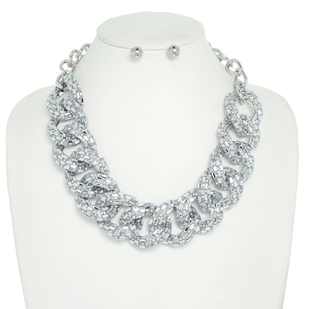 Hip Hop Rhinestone Cuban Link Bib Necklace Set