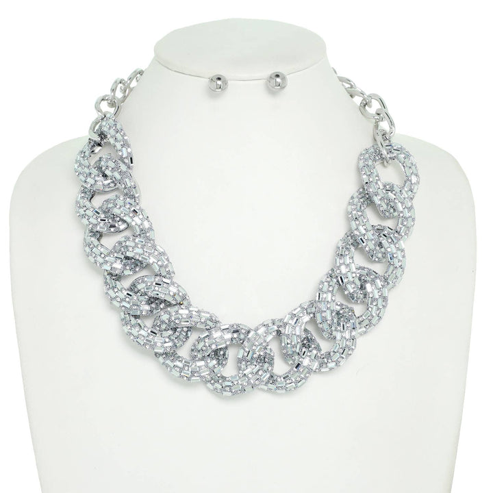 Hip Hop Rhinestone Cuban Link Bib Necklace Set