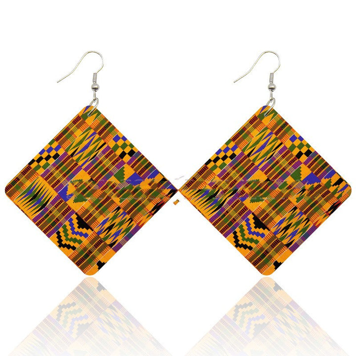 Diamond Shaped Wooden Print  Earrings