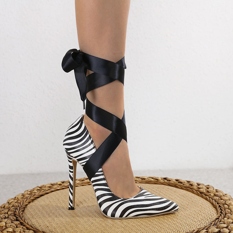 High Heeled Zebra Shoes with Tie-On Strap