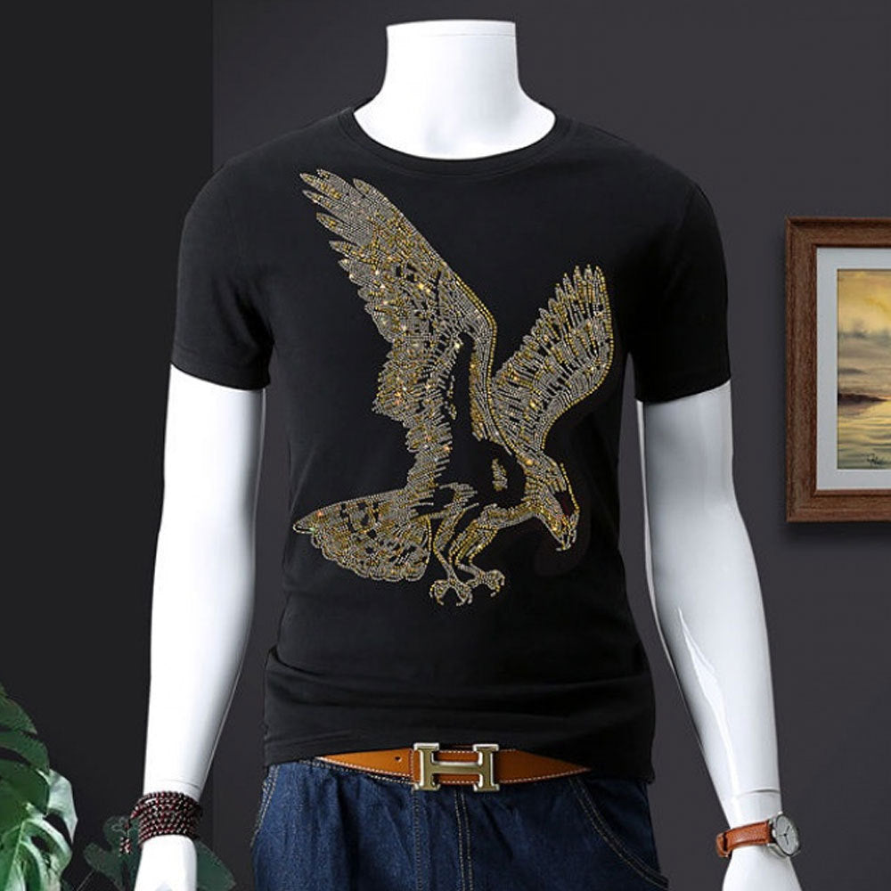 Eagle Hot Rhinestone Plus Size Cotton Stretch Slim T-shirt