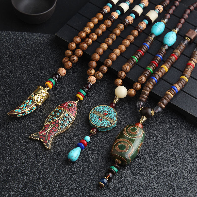 Extra Long Retro Wooden Bead Necklace