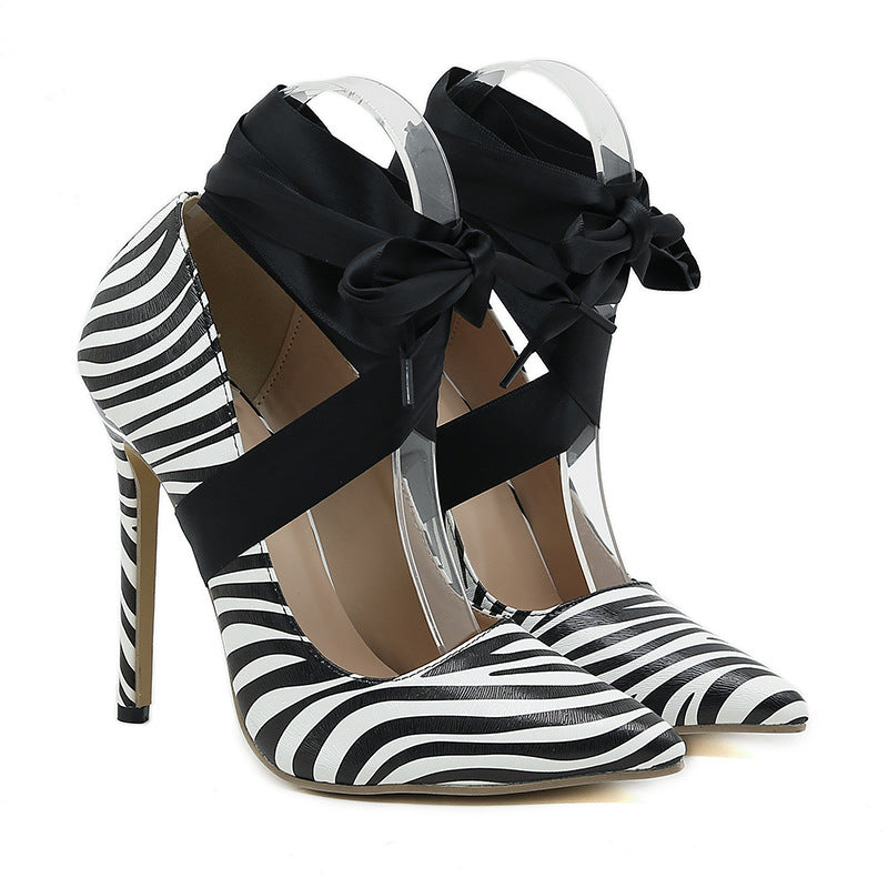 High Heeled Zebra Shoes with Tie-On Strap