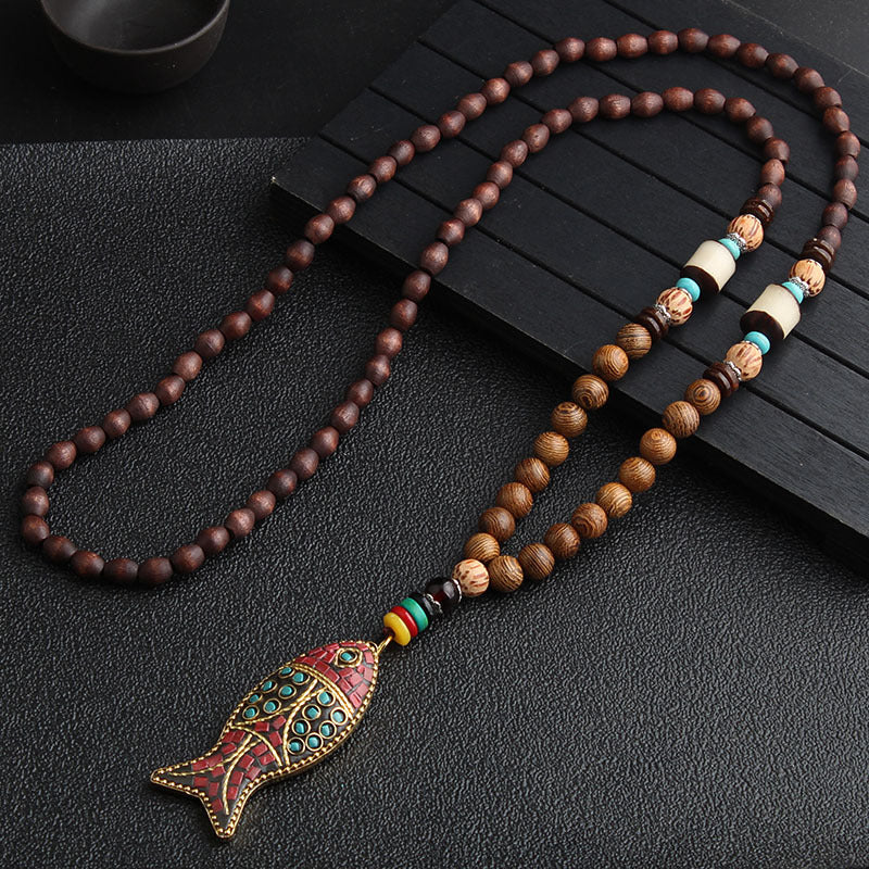 Extra Long Retro Wooden Bead Necklace