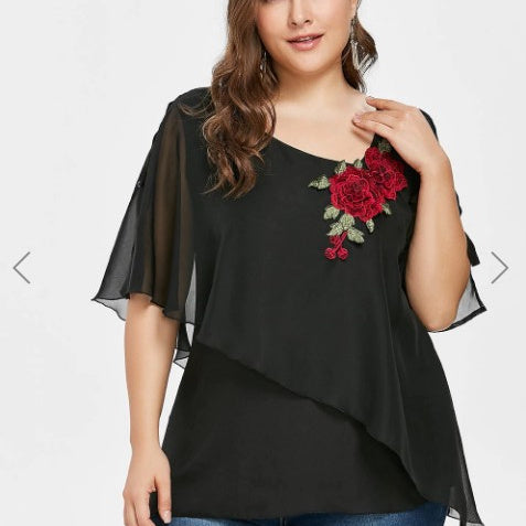 Embroidered Surplice Chiffon Top