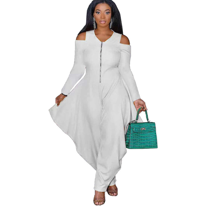 Ladies Solid Color Off Shoulder Long Sleeve Fashion Loose Jumpsuit